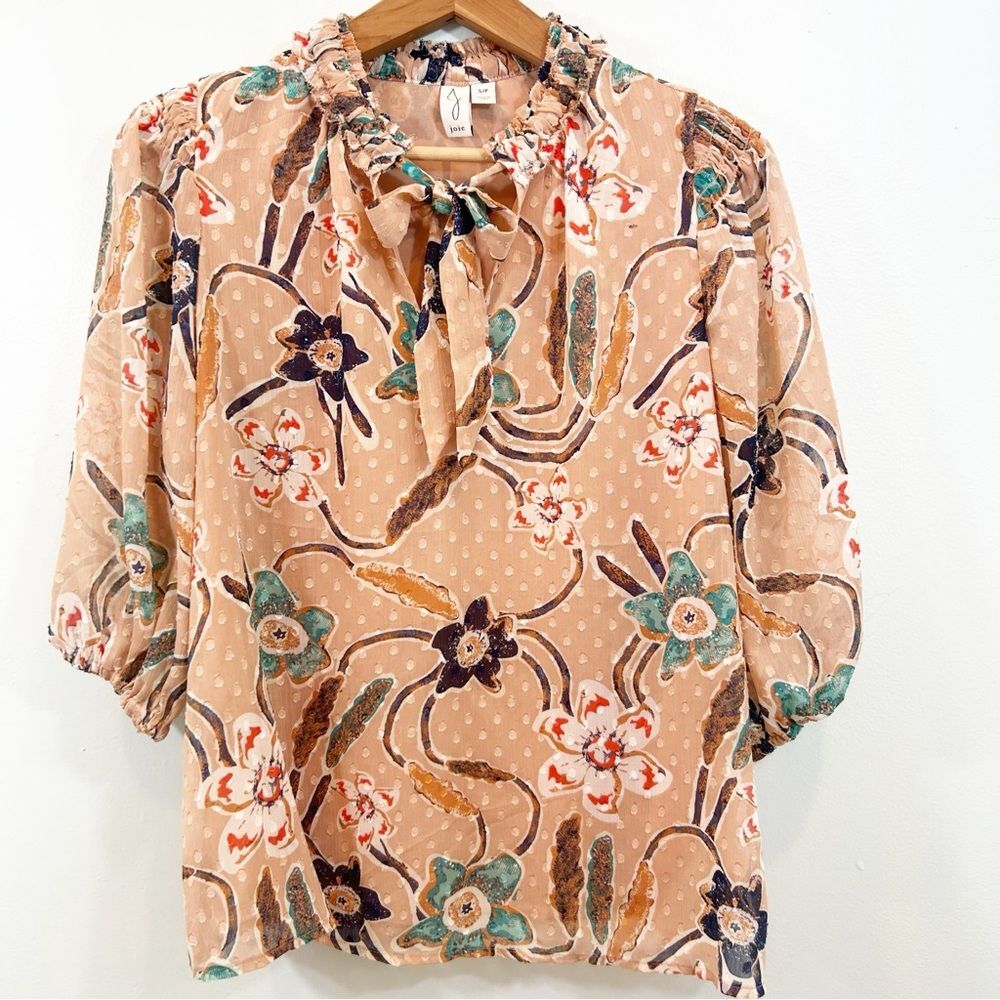 Joie Floral Blouse - Peach Blue BlueGreen Gathered Neck Bow Fairy Boho Sz SP